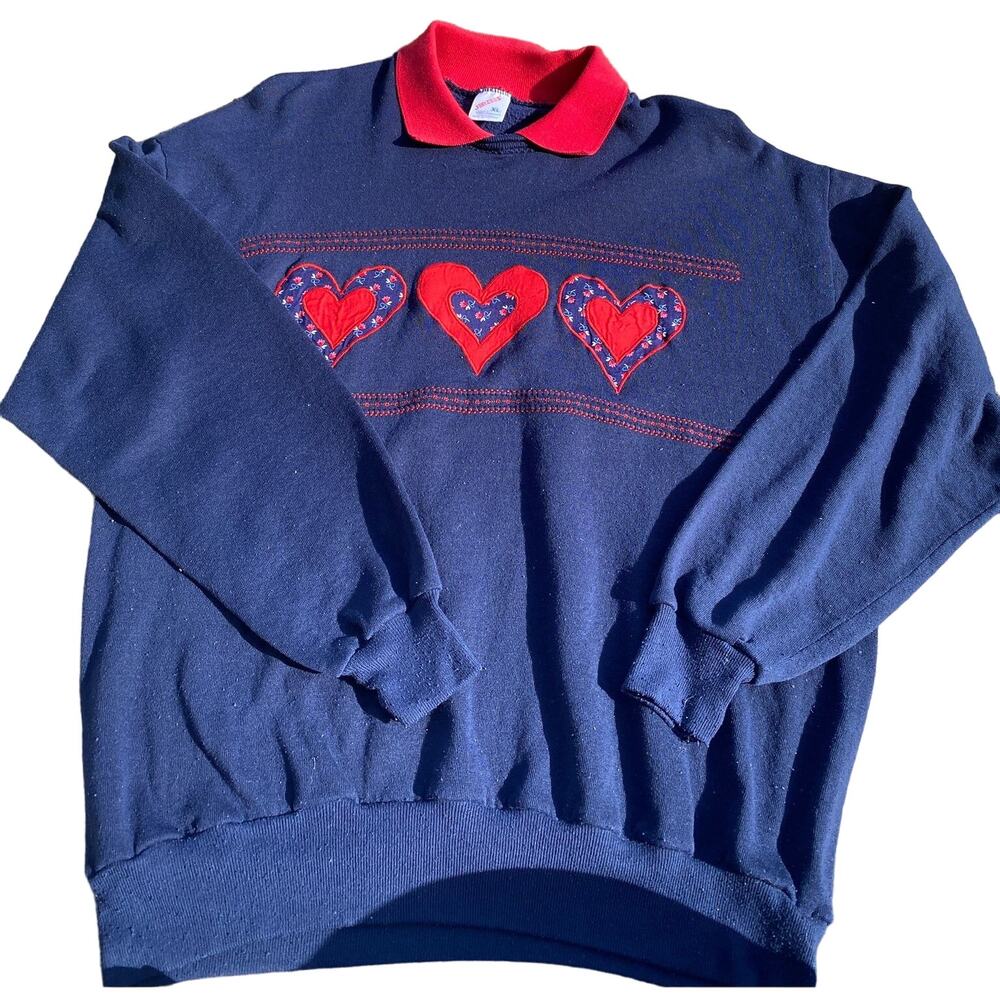 Jerzees Navy 3 Hearts Collared Crew Neck Size women XL Christmas Sweater